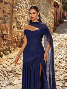 Aureia Elegant Gray Minimalist Off-Shoulder Ruched Asymmetric A-Line High Slit Dress, Suitable For Weddings, Formal Events, Galas, And Cocktail Parties - Royal Blue - View 6