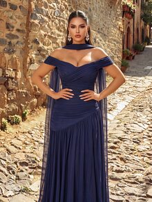Aureia Elegant Gray Minimalist Off-Shoulder Ruched Asymmetric A-Line High Slit Dress, Suitable For Weddings, Formal Events, Galas, And Cocktail Parties - Royal Blue - View 4