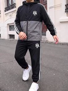 SHEIN 2件組兒童青少年男孩休閒運動拼接色立領夾克外套與黑色長褲套裝，適合秋冬、學校、家庭聚會、度假、派對，男孩套裝 - 彩色 - 查看 2