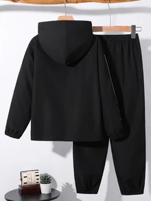 SHEIN 2件組兒童青少年男孩休閒運動拼接色立領夾克外套與黑色長褲套裝，適合秋冬、學校、家庭聚會、度假、派對，男孩套裝 - 彩色 - 查看 4