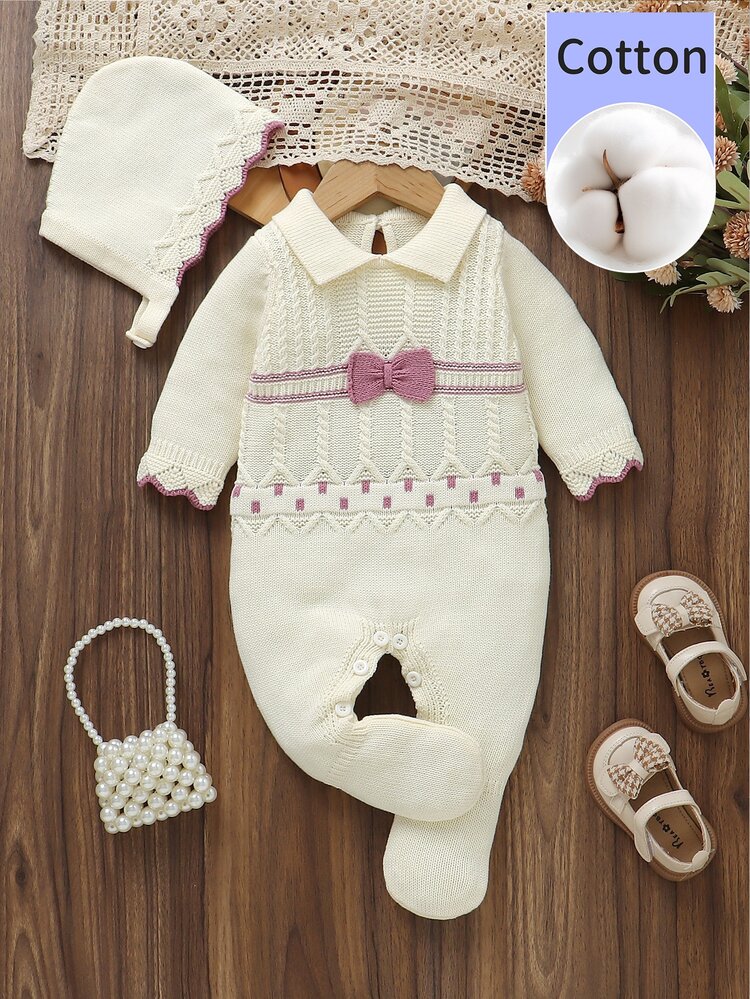 SHEIN Newborn Baby Sweater Onesies Pure Cotton Girl Pullover Knit Long Sleeve Romper Footies Knitted Hat, Autumn Winter Cable Design, White Bow - Beige - View 7