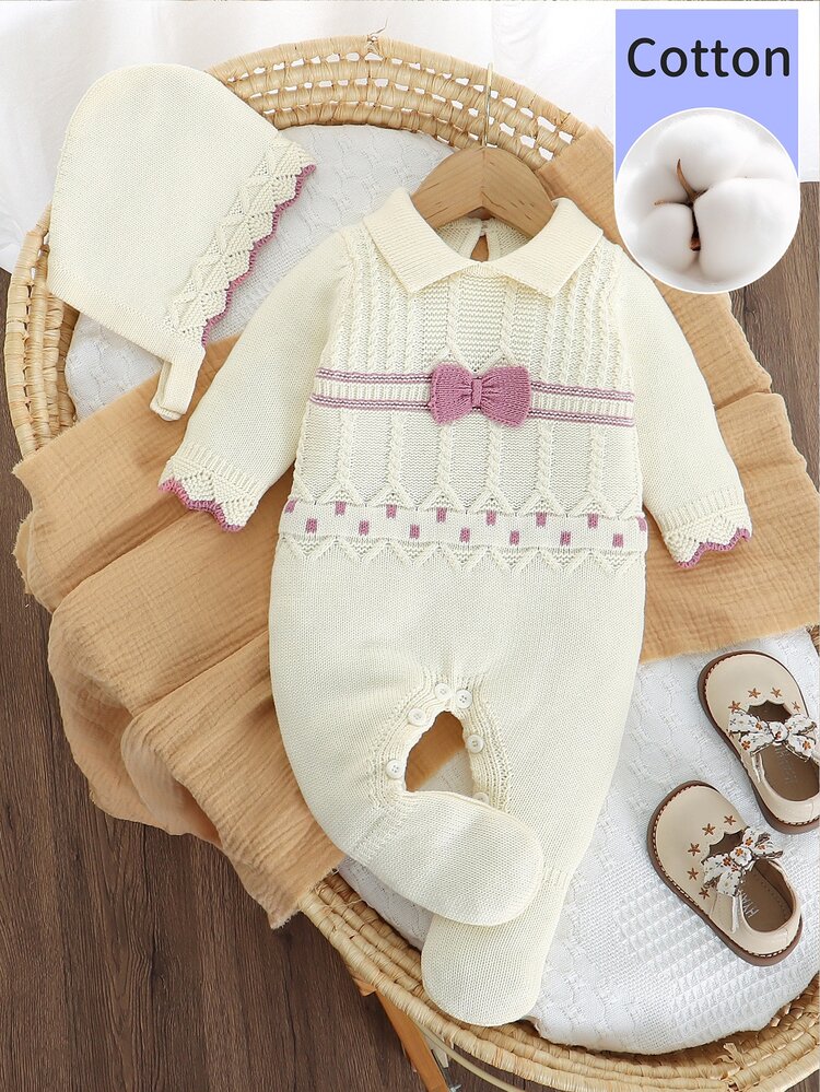 SHEIN Newborn Baby Sweater Onesies Pure Cotton Girl Pullover Knit Long Sleeve Romper Footies Knitted Hat, Autumn Winter Cable Design, White Bow - Beige - View 5