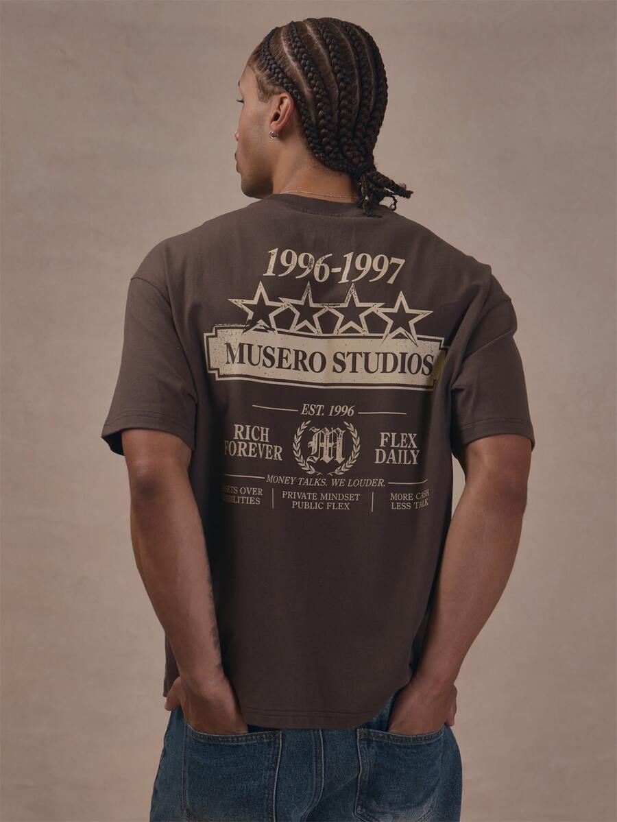 Oversized Drop Shoulder Crew Neck Tshirt "MUSERO CODED" Autum Winter Essentials - Brown - View 1