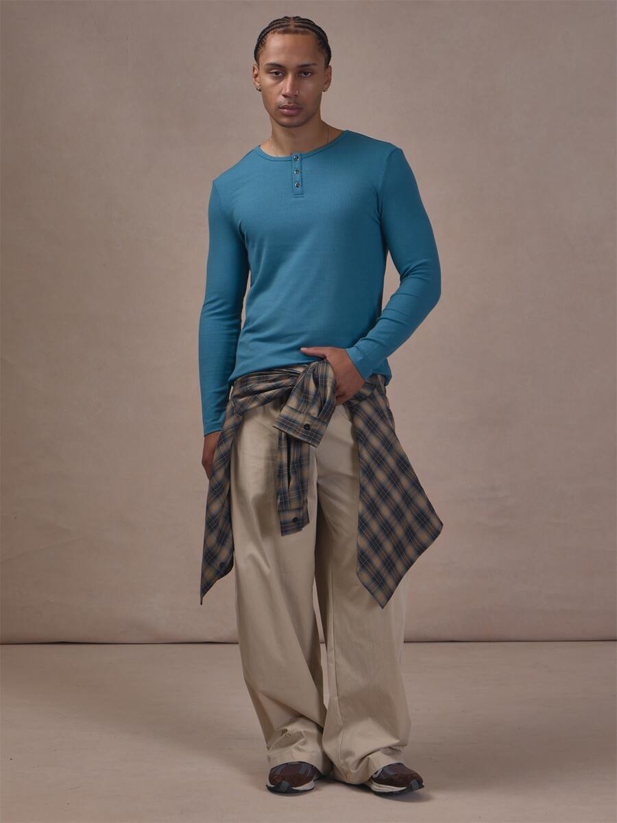 Musero Raise Neck Tight Fit Henley Long Sleeve Textured Fabric Autum Winter Essentials - Blue - View 1