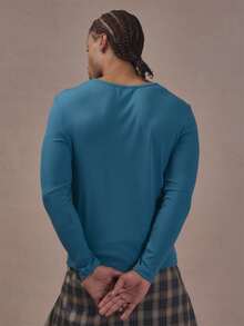 Musero Raise Neck Tight Fit Henley Long Sleeve Textured Fabric Autum Winter Essentials - Blue - View 4