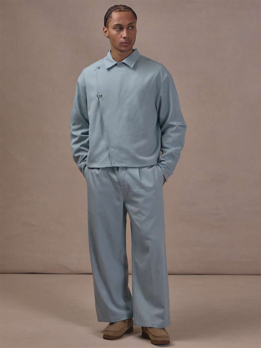 Musero Asymetric Collared Shirt Silver Hardwear Detail Co Ord Shirt Only Autum Winter Essentials - Blue - View 1