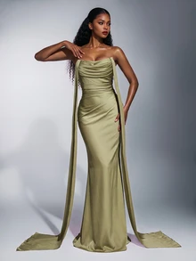 Elitara Elegant Romantic Green Woven Matte Flutter Decor Open Shoulder Sweetheart Fitted Fishtail Bridesmaid Dress - Green - View 2