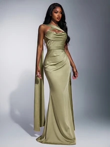 Elitara Elegant Romantic Green Woven Matte Flutter Decor Open Shoulder Sweetheart Fitted Fishtail Bridesmaid Dress - Green - View 7