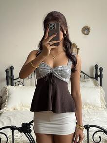 CovetEZ Women's Vacation Casual Patchwork Contrast Color Tie Strap Tank Top - Brown - View 9