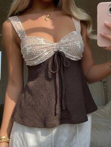 CovetEZ Women's Vacation Casual Patchwork Contrast Color Tie Strap Tank Top - Brown - View 4