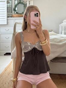 CovetEZ Women's Vacation Casual Patchwork Contrast Color Tie Strap Tank Top - Brown - View 6