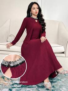 Feyla Women's Elegant Textured Dress And Rhinestone Decorated Jacket 2 Pieces Set - Burgundy - View 1
