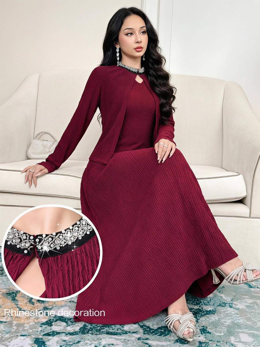 Feyla Women's Elegant Textured Dress And Rhinestone Decorated Jacket 2 Pieces Set - Burgundy - View 1