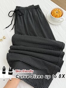 SHEIN CURVE+ Black And White Striped Casual Drawstring Plus Size Pants, Versatile For Autumn/Winter Formal Lounge Holiday Fall Lounge Lounge - Black and White - View 9