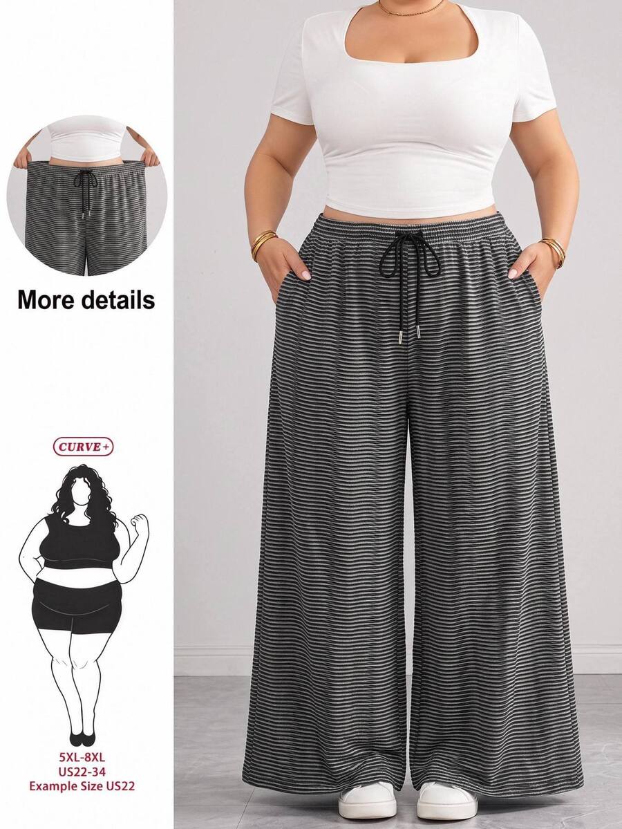 SHEIN CURVE+ Black And White Striped Casual Drawstring Plus Size Pants, Versatile For Autumn/Winter Formal Lounge Holiday Fall Lounge Lounge - Black and White - View 1