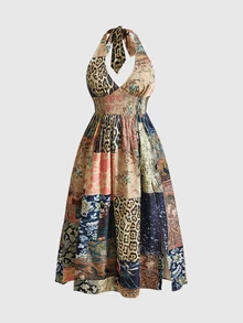 ROMWE Vintage Leopard Floral Witch Hippie Vacation Style Plus Size Retro Print High Slit Halter Neck Dress For Women - Multicolor - View 1
