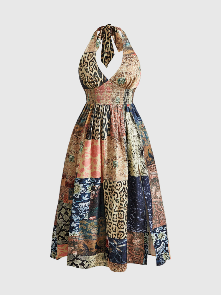 ROMWE Đầm nữ size lớn phong cách vintage hippie du lịch, họa tiết báo hoa phù thủy retro, cổ yếm xẻ tà cao - Nhiều màu - Xem 5