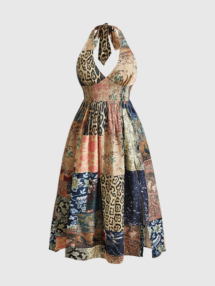 ROMWE Vintage Leopard Floral Witch Hippie Vacation Style Plus Size Retro Print High Slit Halter Neck Dress For Women - Multicolor - View 1