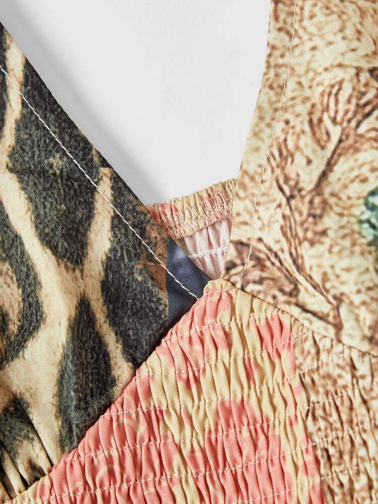 ROMWE Đầm nữ size lớn phong cách vintage hippie du lịch, họa tiết báo hoa phù thủy retro, cổ yếm xẻ tà cao - Nhiều màu - Xem 3