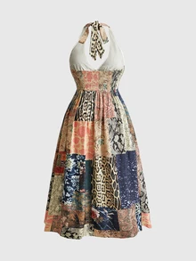 ROMWE Vintage Leopard Floral Witch Hippie Vacation Style Plus Size Retro Print High Slit Halter Neck Dress For Women - Multicolor - View 2