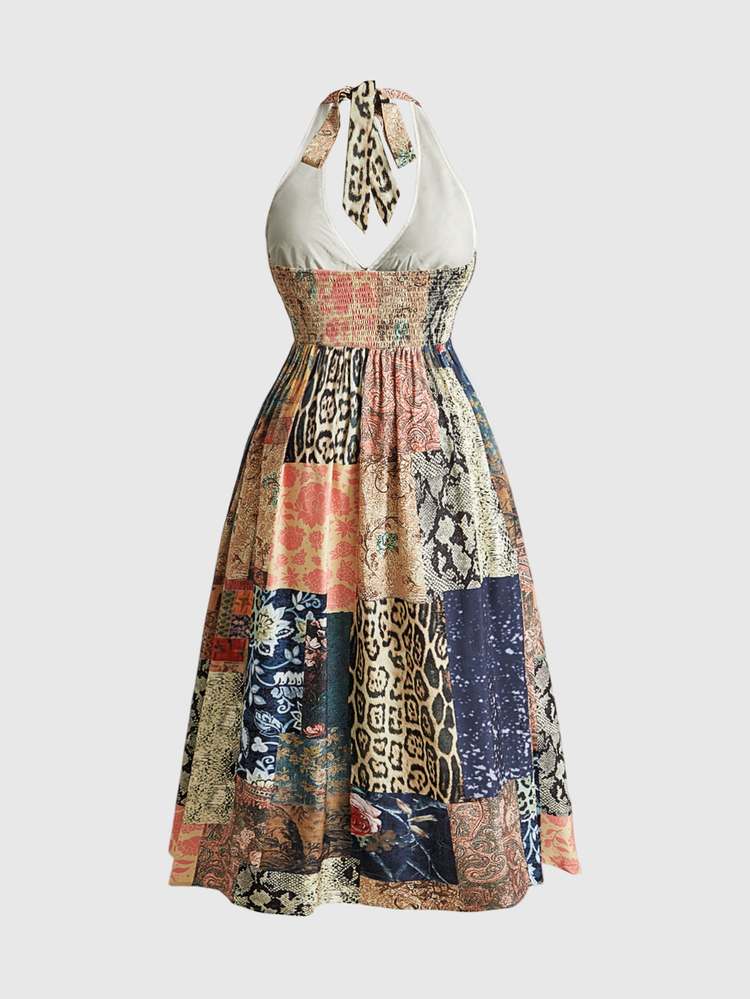 ROMWE Đầm nữ size lớn phong cách vintage hippie du lịch, họa tiết báo hoa phù thủy retro, cổ yếm xẻ tà cao - Nhiều màu - Xem 2