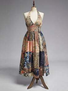 ROMWE Vintage Leopard Floral Witch Hippie Vacation Style Plus Size Retro Print High Slit Halter Neck Dress For Women - Multicolor - View 5
