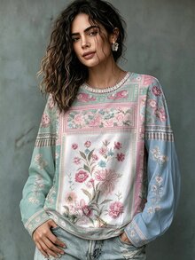 Breezaya تي شيرت كاجوال بطبعة زهور للخريف مقاس كبير - متعدد الألوان - مشاهدة 3