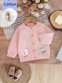SHEIN 1pc Pure Cotton Pink Baby Cute Cardigan: Round Neck Long Sleeve Duck & Rabbit Fashion Jacket Top, Wavy Lace Knit Cardigan, Versatile Spring/Autumn/Winter Outwear - Pink - View 5