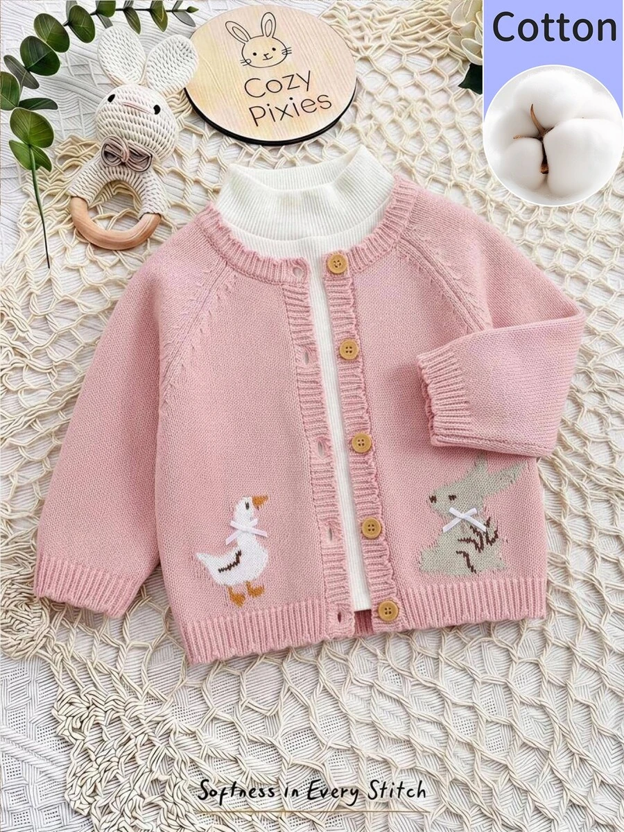 SHEIN 1pc Pure Cotton Pink Baby Cute Cardigan: Round Neck Long Sleeve Duck & Rabbit Fashion Jacket Top, Wavy Lace Knit Cardigan, Versatile Spring/Autumn/Winter Outwear - Pink - View 1