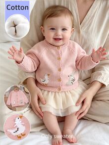 SHEIN 1pc Pure Cotton Pink Baby Cute Cardigan: Round Neck Long Sleeve Duck & Rabbit Fashion Jacket Top, Wavy Lace Knit Cardigan, Versatile Spring/Autumn/Winter Outwear - Pink - View 6