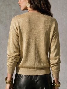 SHEIN كارديجان محبوك بأسلوب أوروبي وأمريكي فاخر مع لمعان برقبة دائرية للنساء، فضفاض أحادي الصدر بخيط ذهبي رفيع - الذهبي - مشاهدة 2