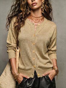 SHEIN كارديجان محبوك بأسلوب أوروبي وأمريكي فاخر مع لمعان برقبة دائرية للنساء، فضفاض أحادي الصدر بخيط ذهبي رفيع - الذهبي - مشاهدة 1