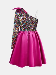Pitira Pitira Tween Girl Elegant Gorgeous Multicolor Sequin Patchwork Satin Oblique Shoulder Big Bow Long Sleeve Dress,Suitable For Summer Party,Christmas Gift - Multicolor - View 2