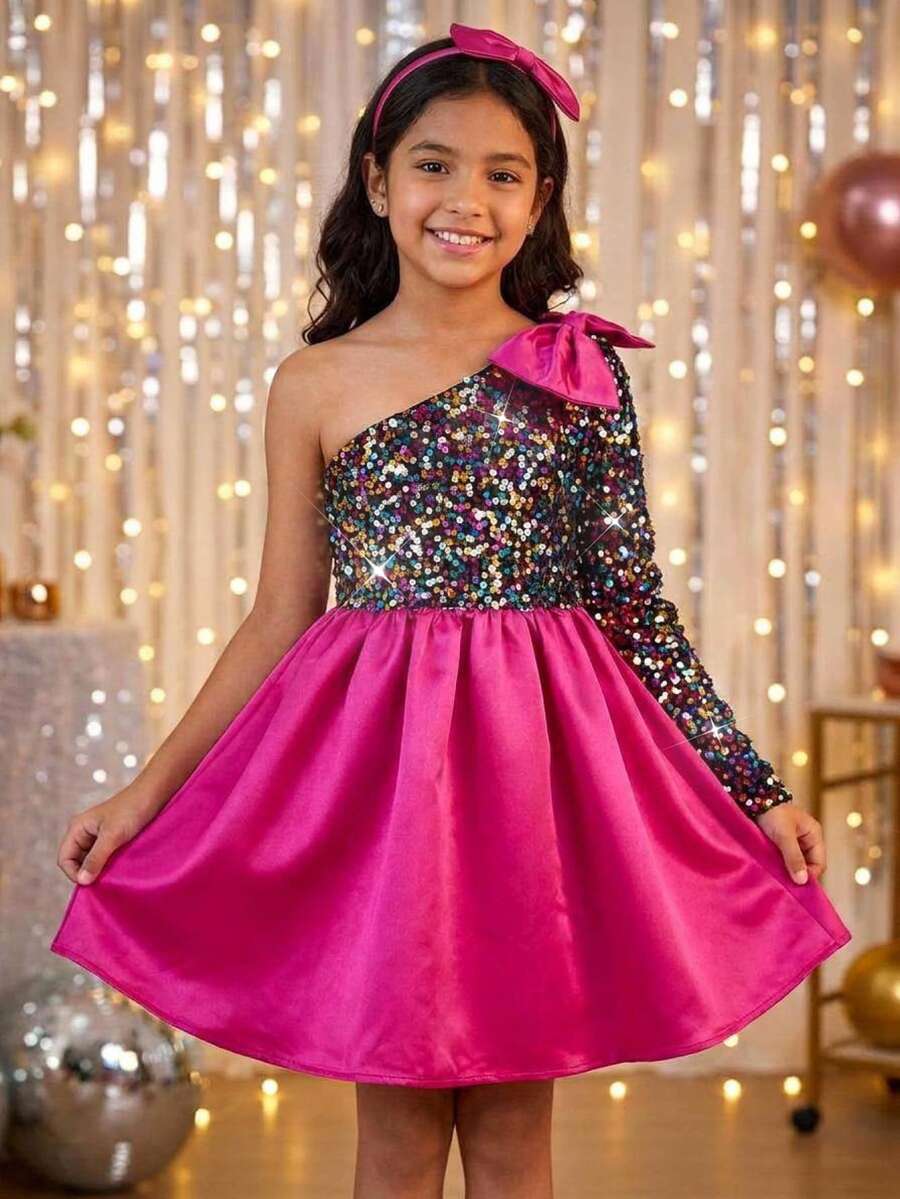 Pitira Pitira Tween Girl Elegant Gorgeous Multicolor Sequin Patchwork Satin Oblique Shoulder Big Bow Long Sleeve Dress,Suitable For Summer Party,Christmas Gift - Multicolor - View 1