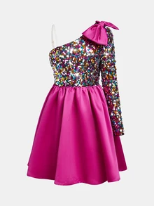 Pitira Pitira Tween Girl Elegant Gorgeous Multicolor Sequin Patchwork Satin Oblique Shoulder Big Bow Long Sleeve Dress,Suitable For Summer Party,Christmas Gift - Multicolor - View 5