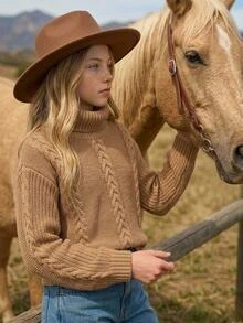 SHEIN Tween Girl High Neck Kids Pullover Cable Knit Textured Loose Long Sleeve Sweater , Comfortable Sweater Fall/Winter - Brown - View 3