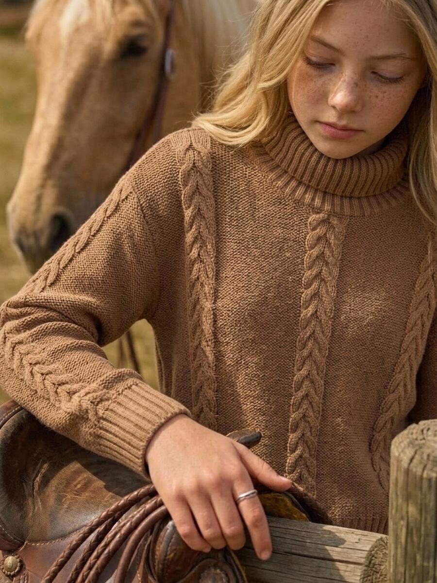 SHEIN Tween Girl High Neck Kids Pullover Cable Knit Textured Loose Long Sleeve Sweater , Comfortable Sweater Fall/Winter - Brown - View 1