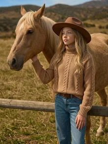 SHEIN Tween Girl High Neck Kids Pullover Cable Knit Textured Loose Long Sleeve Sweater , Comfortable Sweater Fall/Winter - Brown - View 7