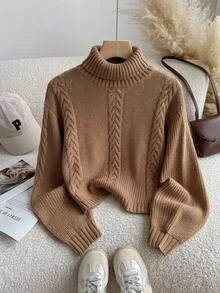 SHEIN Tween Girl High Neck Kids Pullover Cable Knit Textured Loose Long Sleeve Sweater , Comfortable Sweater Fall/Winter - Brown - View 8