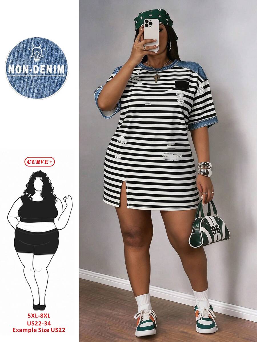 SHEIN CURVE+ Plus Size Casual Streetwear Anti Social Vacation Loose Fit Side Slit Short Sleeve Dress Holiday, Summer 2026 22W Evening Rave White - Multicolor - View 1