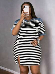 SHEIN CURVE+ Plus Size Casual Streetwear Anti Social Vacation Loose Fit Side Slit Short Sleeve Dress Holiday, Summer 2026 22W Evening Rave White - Multicolor - View 4