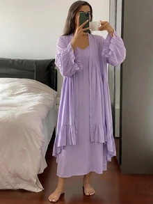 Livesso 2pcs Ruffled Hem Cardigan & Long Dress Sleepwear Set, Women Spring & Summer Loungewear Pajamas - Purple - View 3
