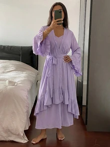 Livesso 2pcs Ruffled Hem Cardigan & Long Dress Sleepwear Set, Women Spring & Summer Loungewear Pajamas - Purple - View 5