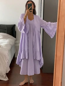 Livesso 2pcs Ruffled Hem Cardigan & Long Dress Sleepwear Set, Women Spring & Summer Loungewear Pajamas - Purple - View 4