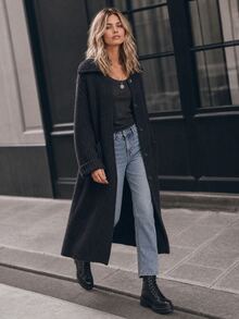 Elafinee Women's Loose Collar Mid-Length Knit Cardigan, Thick Chunky Stripe Design, Button Front Open Sweater Jacket With Pockets, Casual Street Style Autumn - Black - View 6