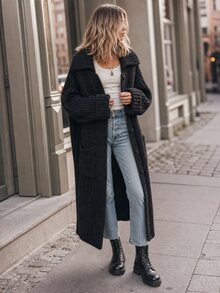 Elafinee Women's Loose Collar Mid-Length Knit Cardigan, Thick Chunky Stripe Design, Button Front Open Sweater Jacket With Pockets, Casual Street Style Autumn - Black - View 5