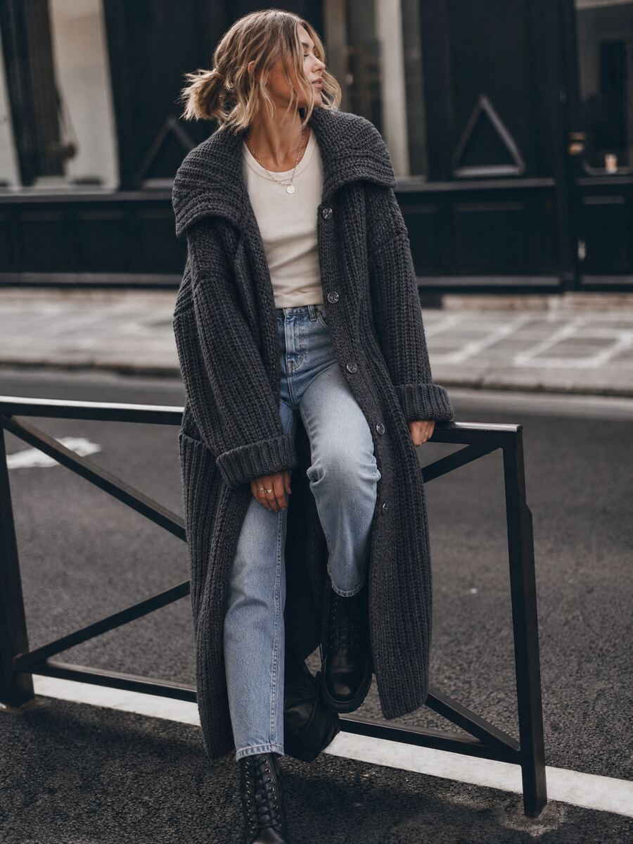 Elafinee Women's Loose Collar Mid-Length Knit Cardigan, Thick Chunky Stripe Design, Button Front Open Sweater Jacket With Pockets, Casual Street Style Autumn - Black - View 1