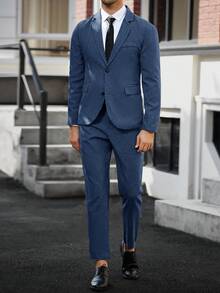 Manfinity Mode Men's Solid Color Button Front Long Sleeve Blazer And Pants Set,Relaxed Lapel Bias Pocket Dress Suits For Wedding Formal Ceremony - Navy Blue - View 4