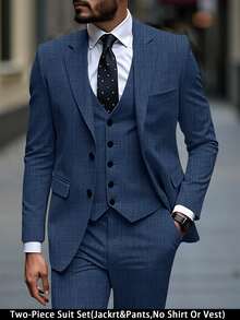 Manfinity Mode Men's Solid Color Button Front Long Sleeve Blazer And Pants Set,Relaxed Lapel Bias Pocket Dress Suits For Wedding Formal Ceremony - Navy Blue - View 1