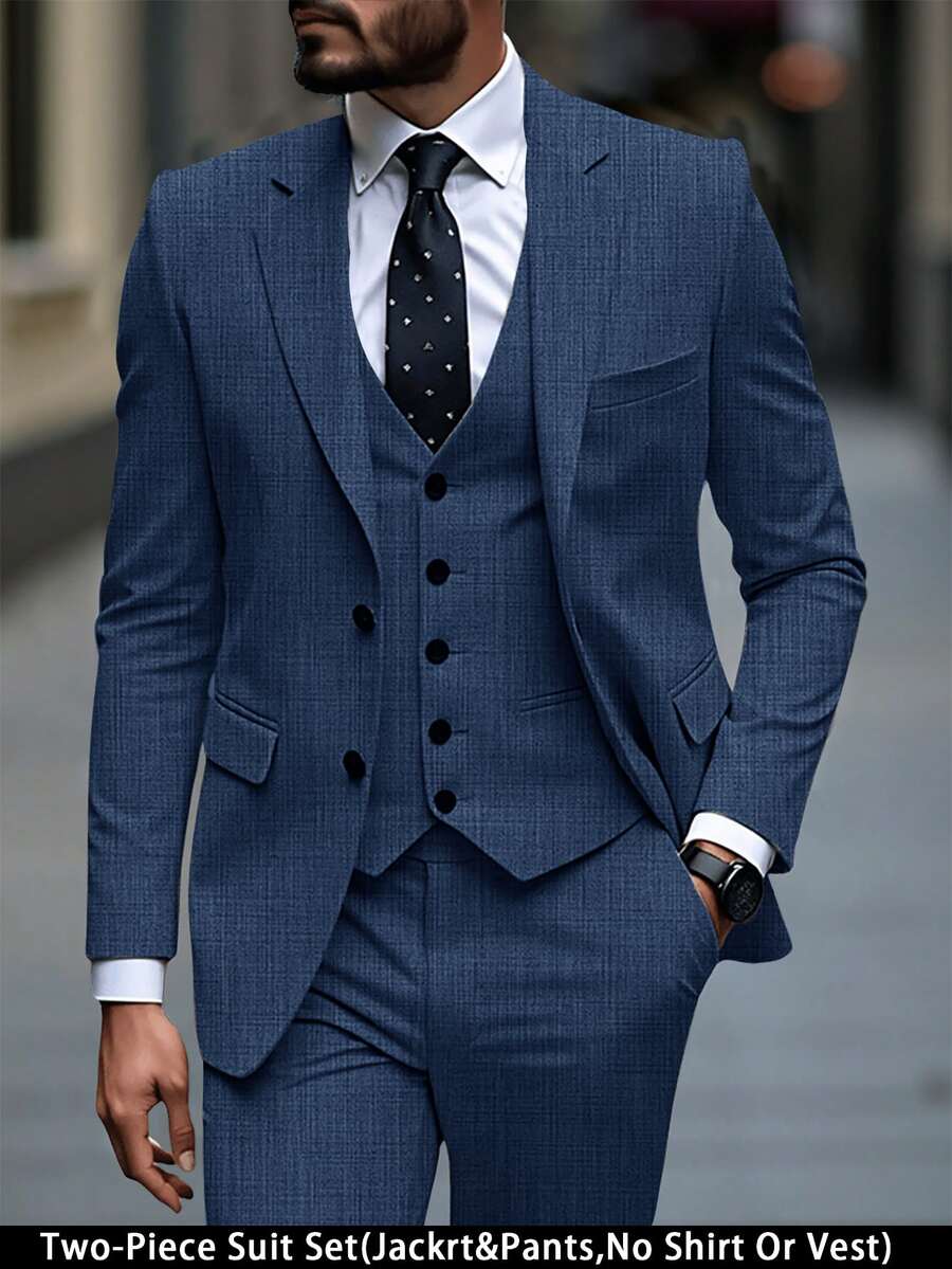 Manfinity Mode Men's Solid Color Button Front Long Sleeve Blazer And Pants Set,Relaxed Lapel Bias Pocket Dress Suits For Wedding Formal Ceremony - Navy Blue - View 1